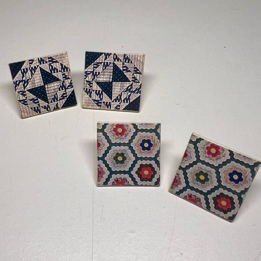 VINTAGE Tiny Square Quilt Tile Design Earrings, Handmade